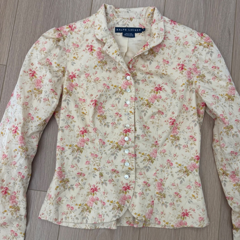 Ralph Lauren Floral Cotton Blazer Pink Cream Cottagecore Tailored Jacket Size 4 - Picture 2 of 9